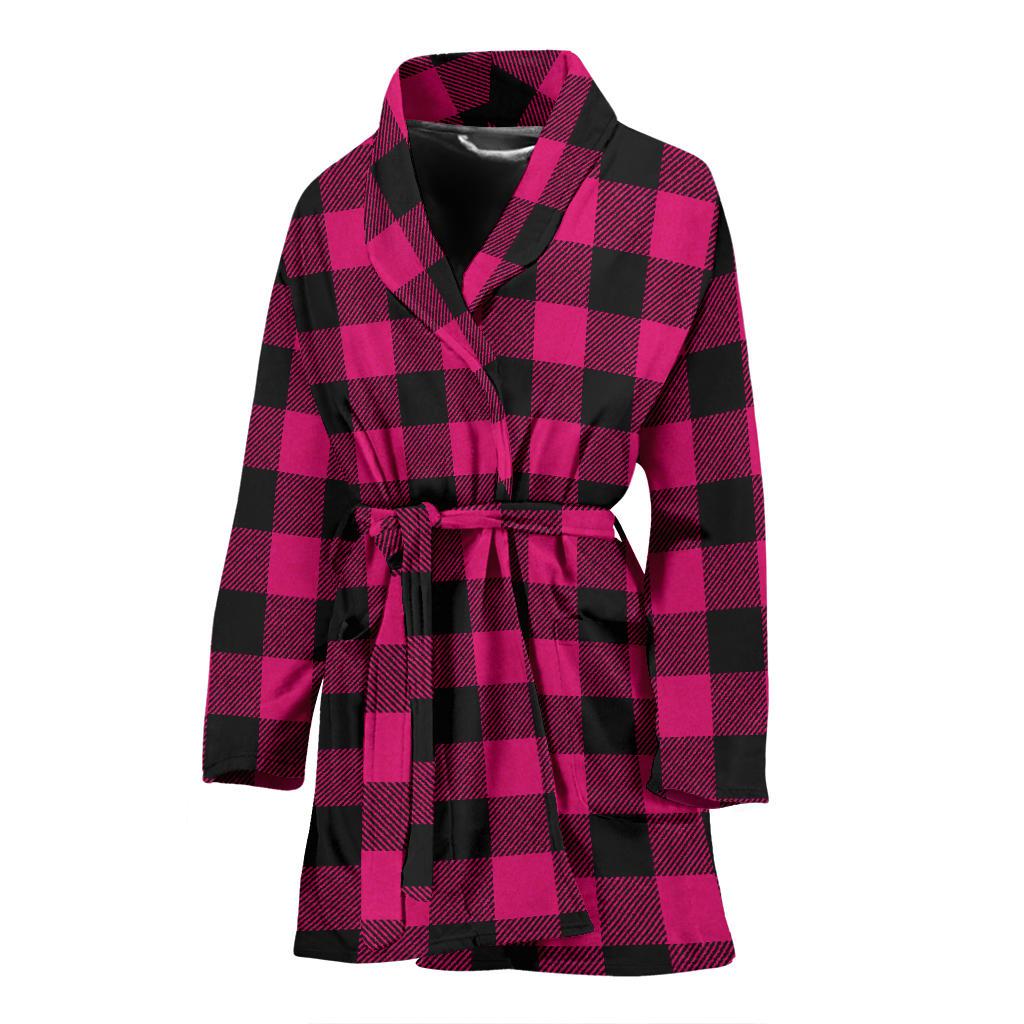 Pink Tartan Plaid Pattern Women Bath Robe-JTAMIGO.COM