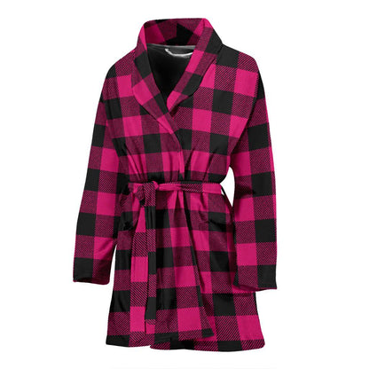 Pink Tartan Plaid Pattern Women Bath Robe-JTAMIGO.COM