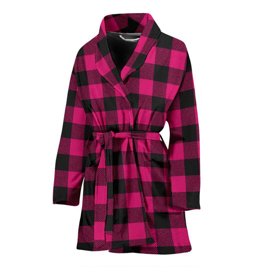 Pink Tartan Plaid Pattern Women Bath Robe-JTAMIGO.COM