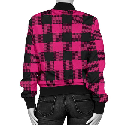 Pink Tartan Plaid Pattern Women Casual Bomber Jacket