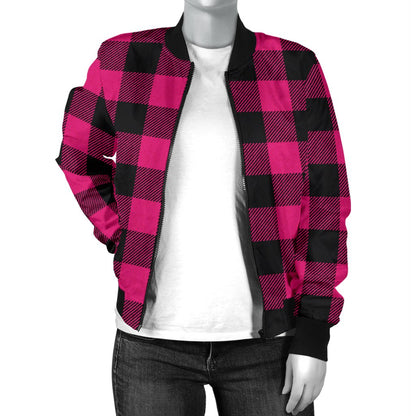 Pink Tartan Plaid Pattern Women Casual Bomber Jacket