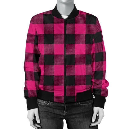 Pink Tartan Plaid Pattern Women Casual Bomber Jacket