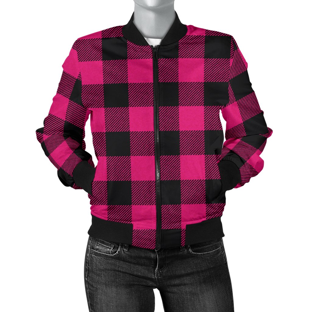 Pink Tartan Plaid Pattern Women Casual Bomber Jacket