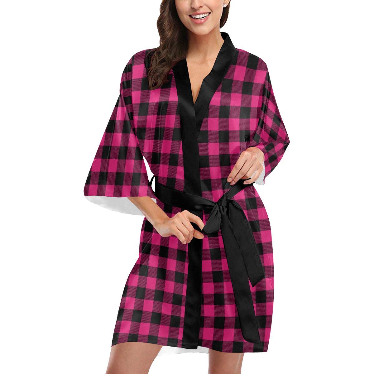 Pink Tartan Plaid Pattern Women Short Kimono Robe