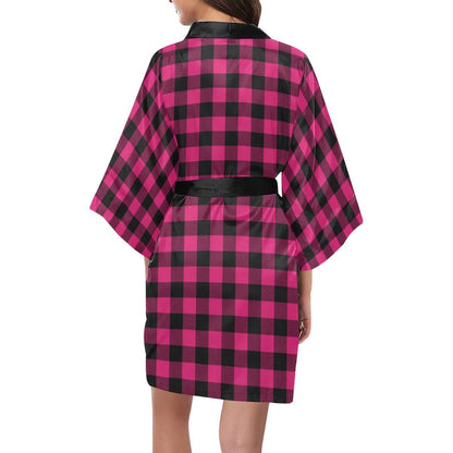 Pink Tartan Plaid Pattern Women Short Kimono Robe