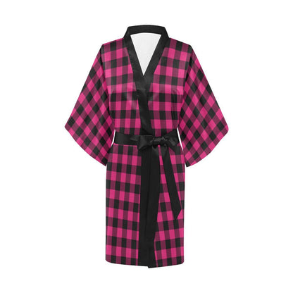 Pink Tartan Plaid Pattern Women Short Kimono Robe
