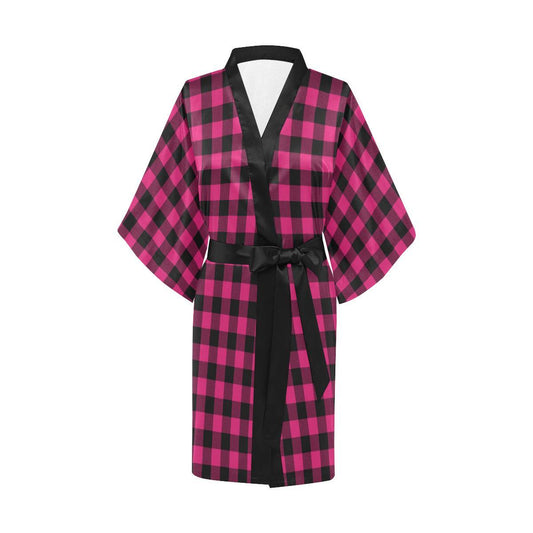 Pink Tartan Plaid Pattern Women Short Kimono Robe