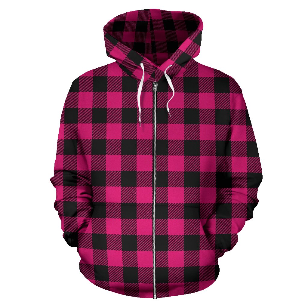 Pink Tartan Plaid Pattern Zip Up Hoodie