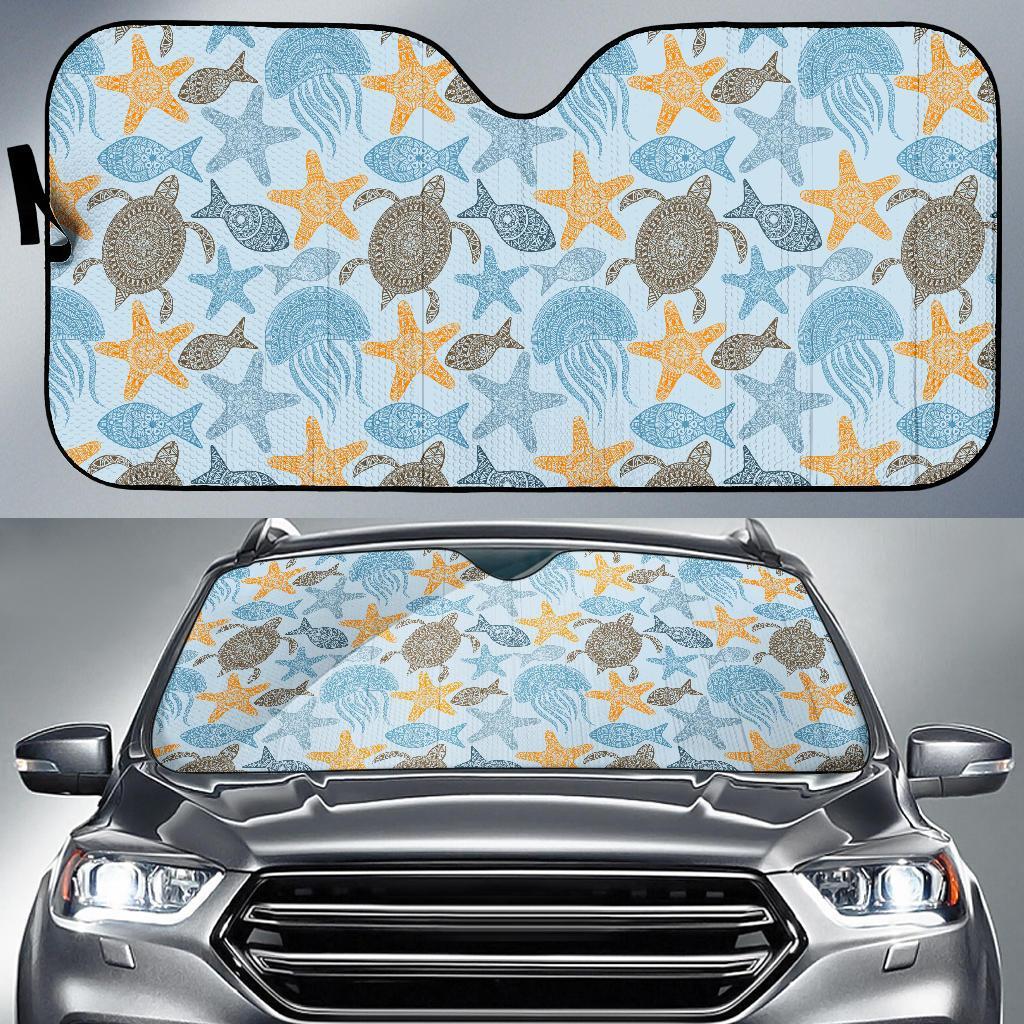 Polynesian Jellyfish Turtle Print Car Sun Shade For Windshield