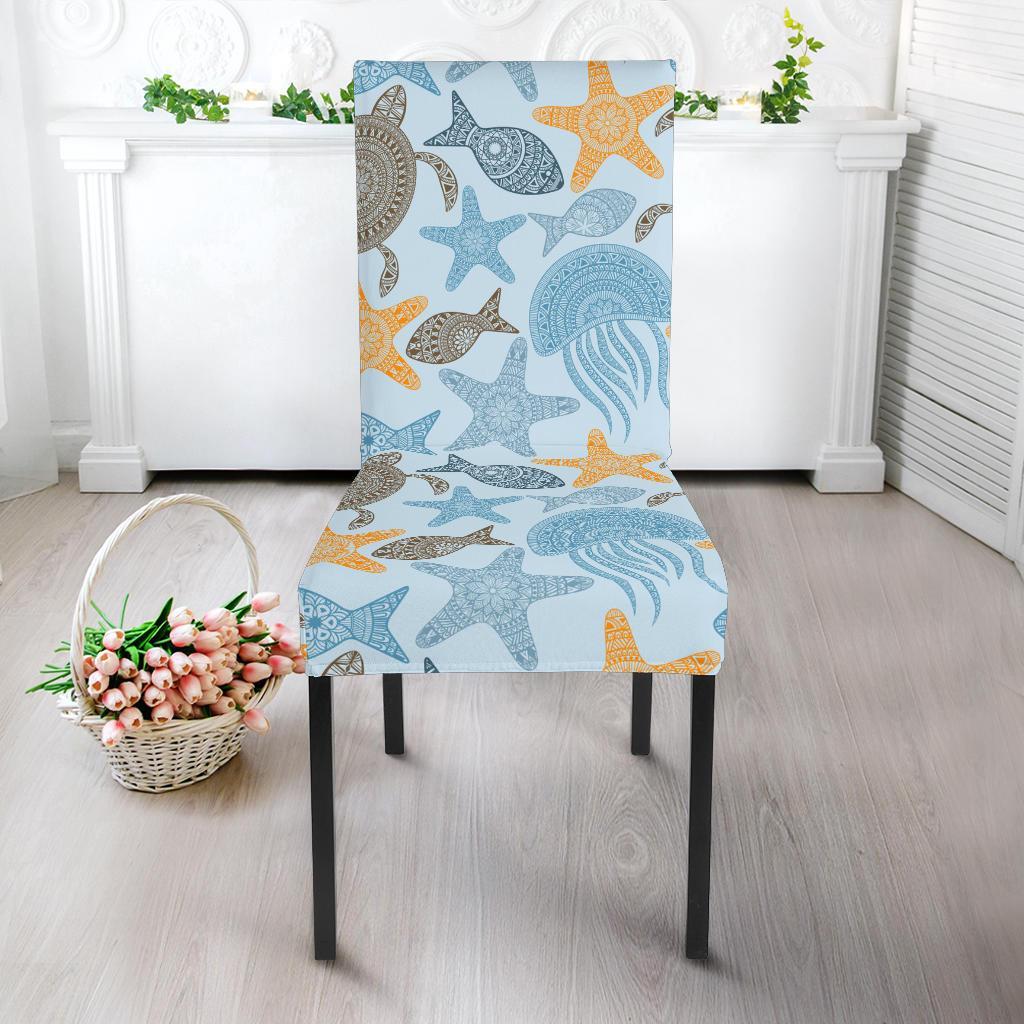 Polynesian Jellyfish Turtle Print Dining Chair Slipcover-JTAMIGO.COM