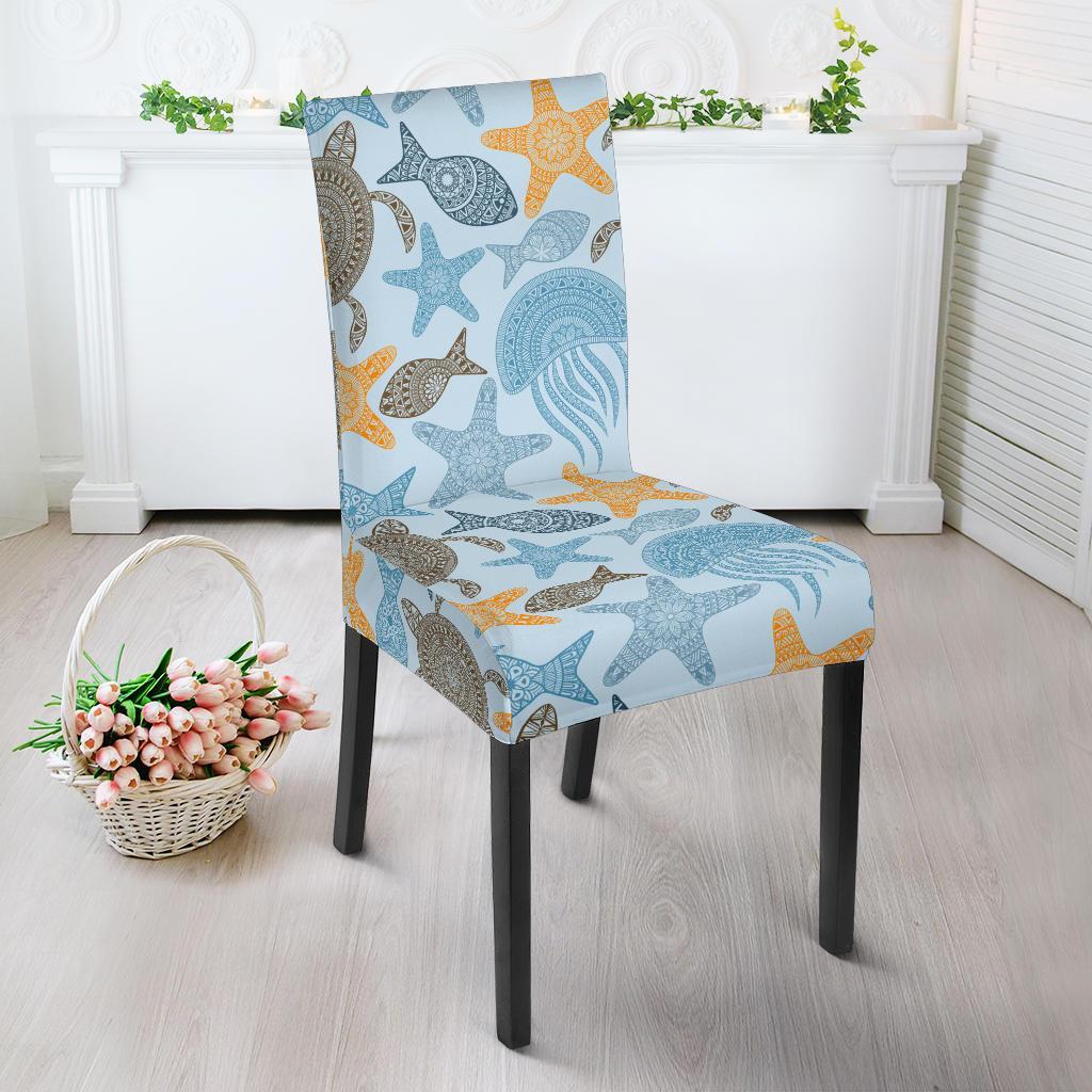 Polynesian Jellyfish Turtle Print Dining Chair Slipcover-JTAMIGO.COM