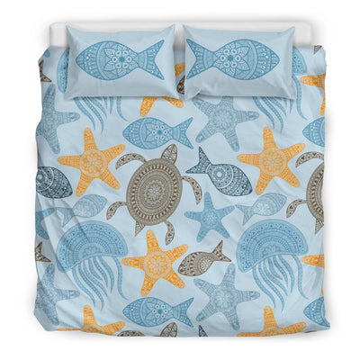 Polynesian Jellyfish Turtle Print Duvet Cover Bedding Set