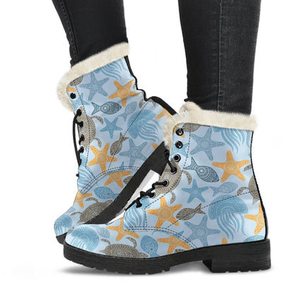 Polynesian Jellyfish Turtle Print Faux Fur Leather Boots-JTAMIGO.COM