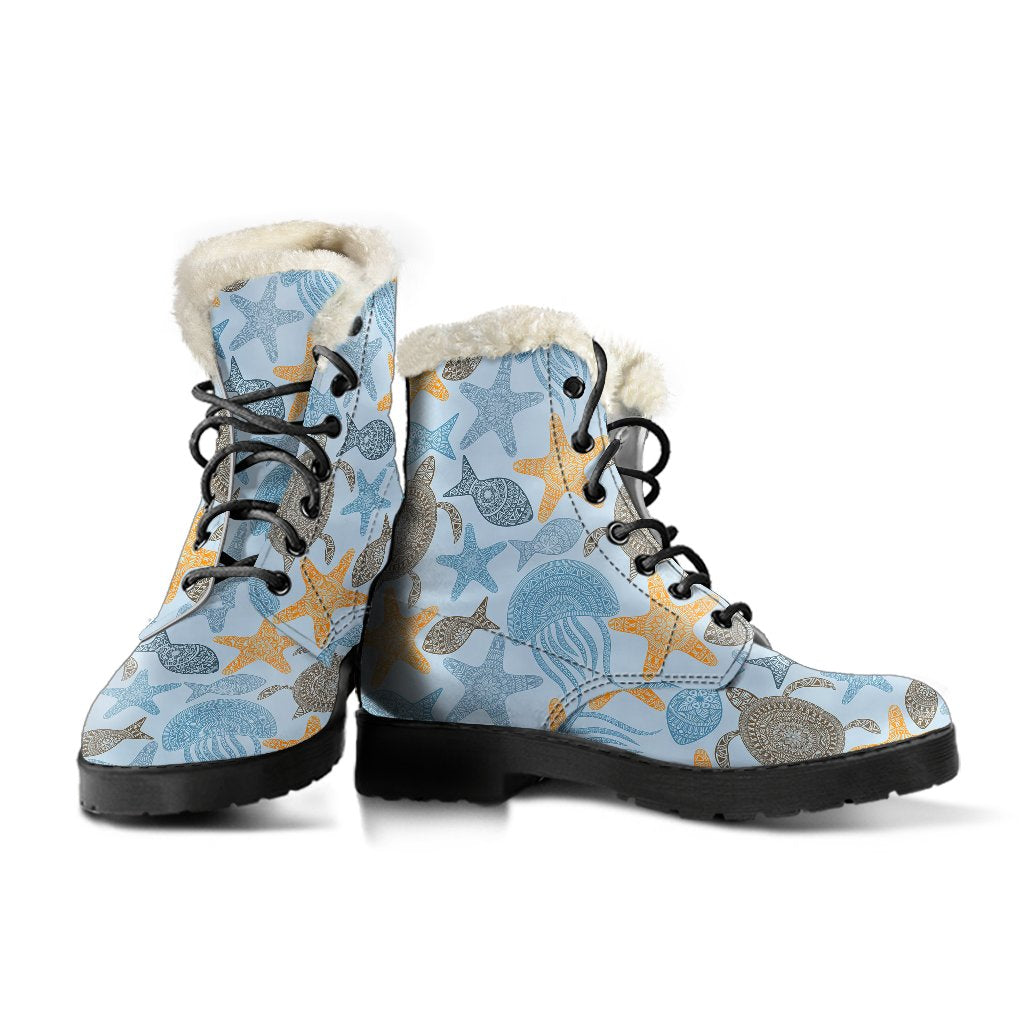 Polynesian Jellyfish Turtle Print Faux Fur Leather Boots-JTAMIGO.COM