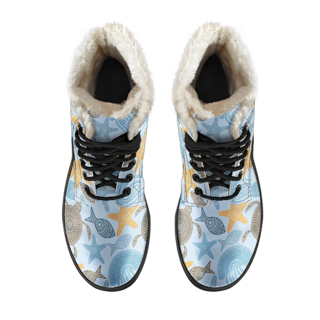 Polynesian Jellyfish Turtle Print Faux Fur Leather Boots-JTAMIGO.COM