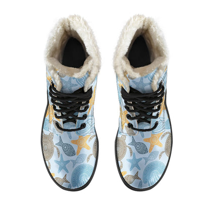 Polynesian Jellyfish Turtle Print Faux Fur Leather Boots-JTAMIGO.COM