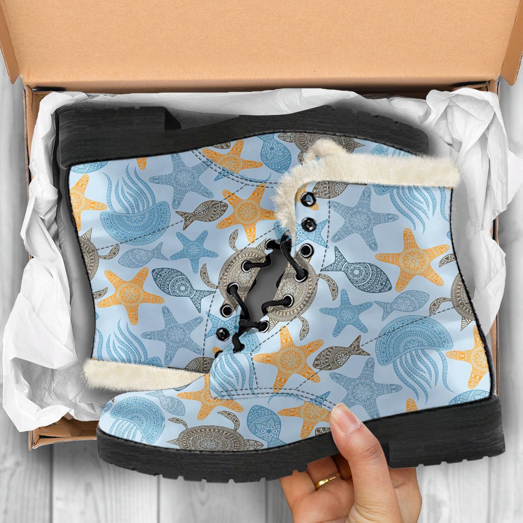 Polynesian Jellyfish Turtle Print Faux Fur Leather Boots-JTAMIGO.COM