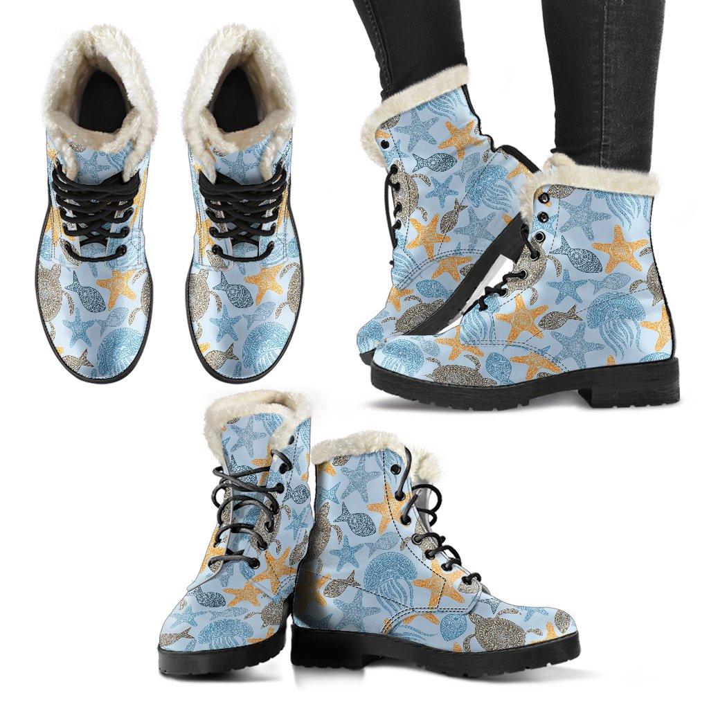 Polynesian Jellyfish Turtle Print Faux Fur Leather Boots-JTAMIGO.COM