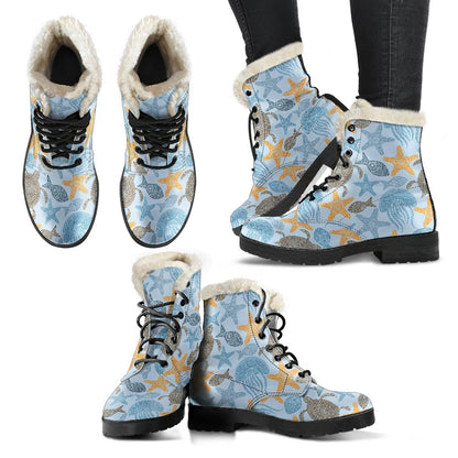 Polynesian Jellyfish Turtle Print Faux Fur Leather Boots-JTAMIGO.COM