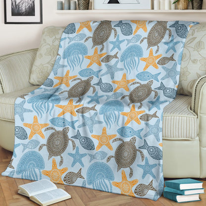 Polynesian Jellyfish Turtle Print Fleece Blanket