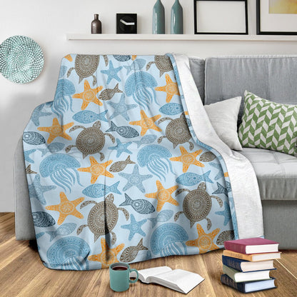 Polynesian Jellyfish Turtle Print Fleece Blanket