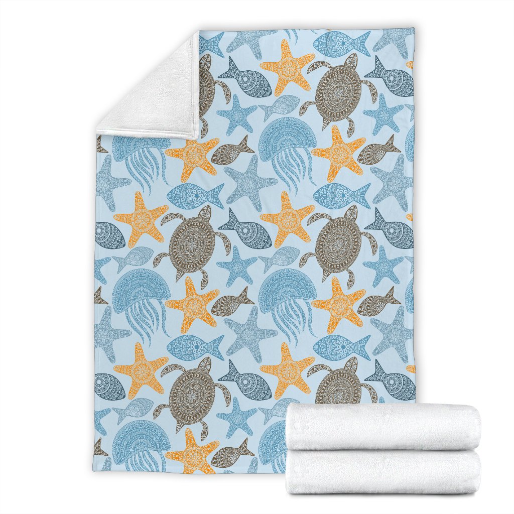 Polynesian Jellyfish Turtle Print Fleece Blanket