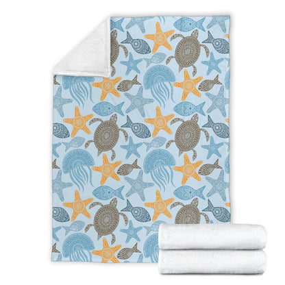 Polynesian Jellyfish Turtle Print Fleece Blanket