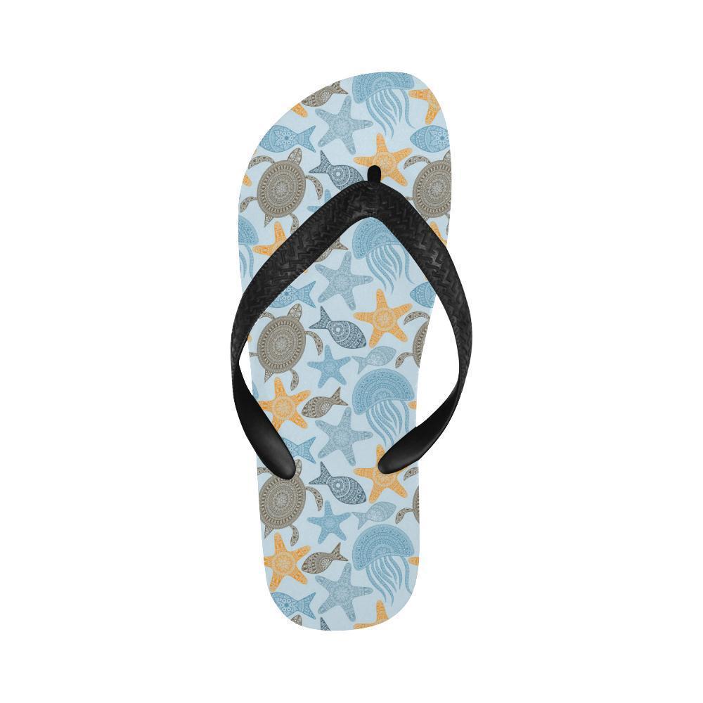 Polynesian Jellyfish Turtle Print Flip Flops-JTAMIGO.COM