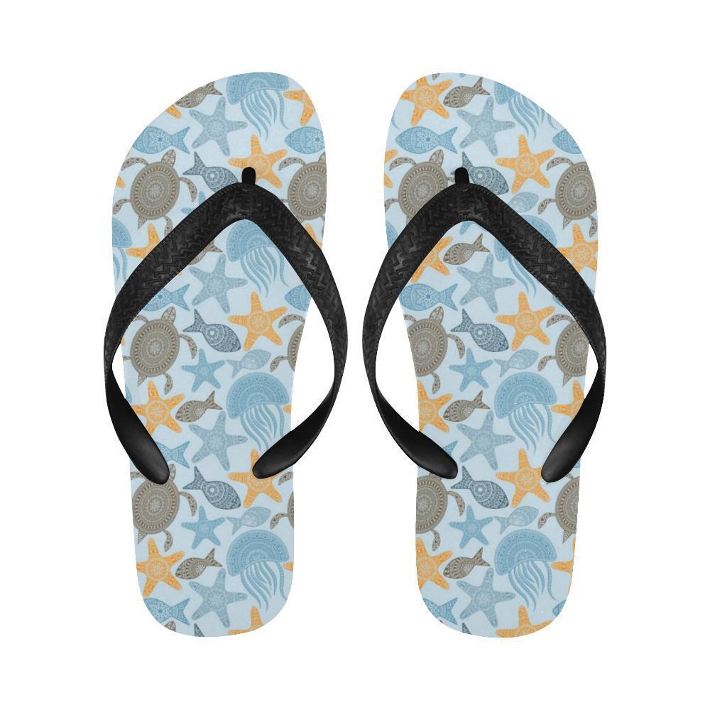 Polynesian Jellyfish Turtle Print Flip Flops-JTAMIGO.COM
