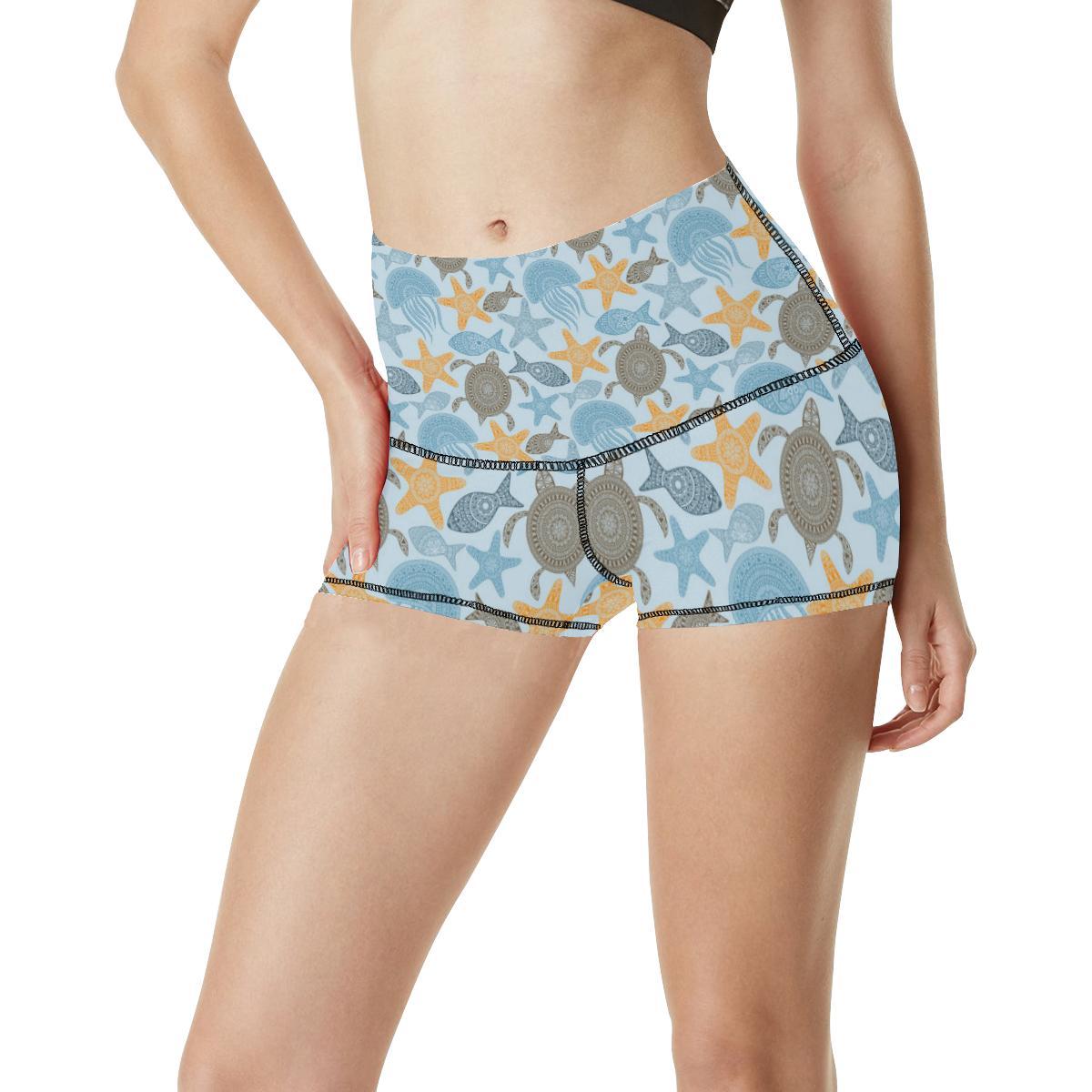 Polynesian Jellyfish Turtle Print High Waisted Spandex Shorts-JTAMIGO.COM