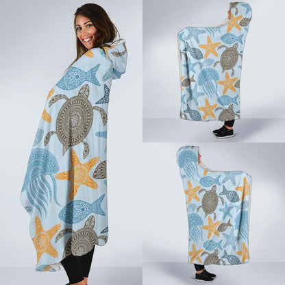 Polynesian Jellyfish Turtle Print Hooded Blanket-JTAMIGO.COM