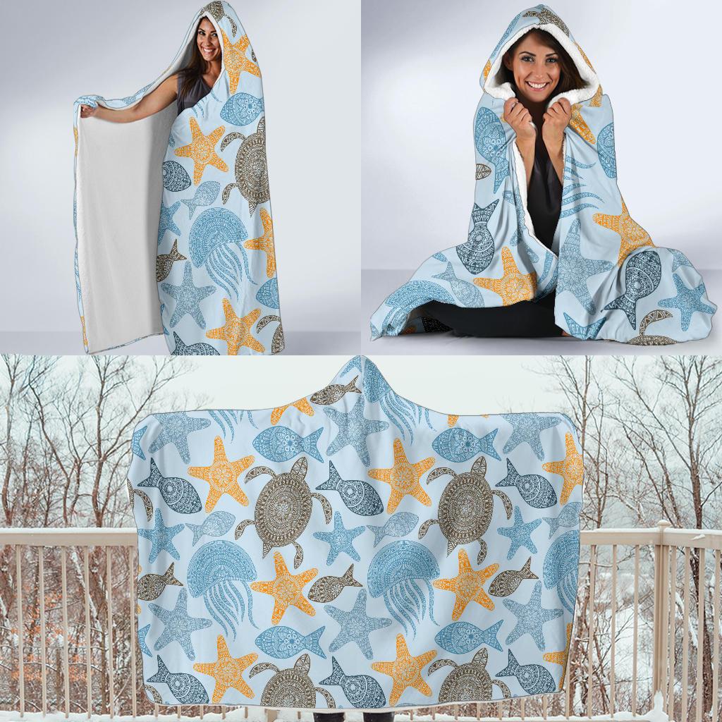 Polynesian Jellyfish Turtle Print Hooded Blanket-JTAMIGO.COM