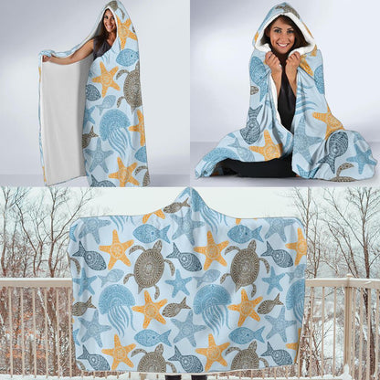 Polynesian Jellyfish Turtle Print Hooded Blanket-JTAMIGO.COM