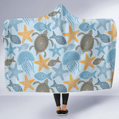 Polynesian Jellyfish Turtle Print Hooded Blanket-JTAMIGO.COM
