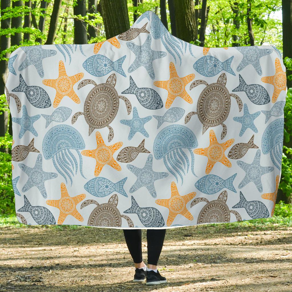 Polynesian Jellyfish Turtle Print Hooded Blanket-JTAMIGO.COM
