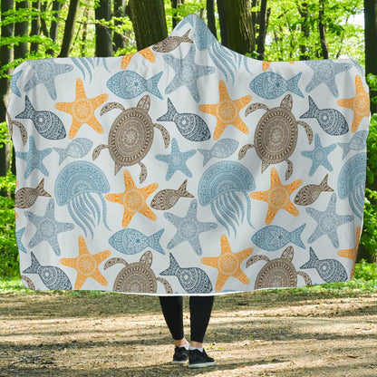 Polynesian Jellyfish Turtle Print Hooded Blanket-JTAMIGO.COM