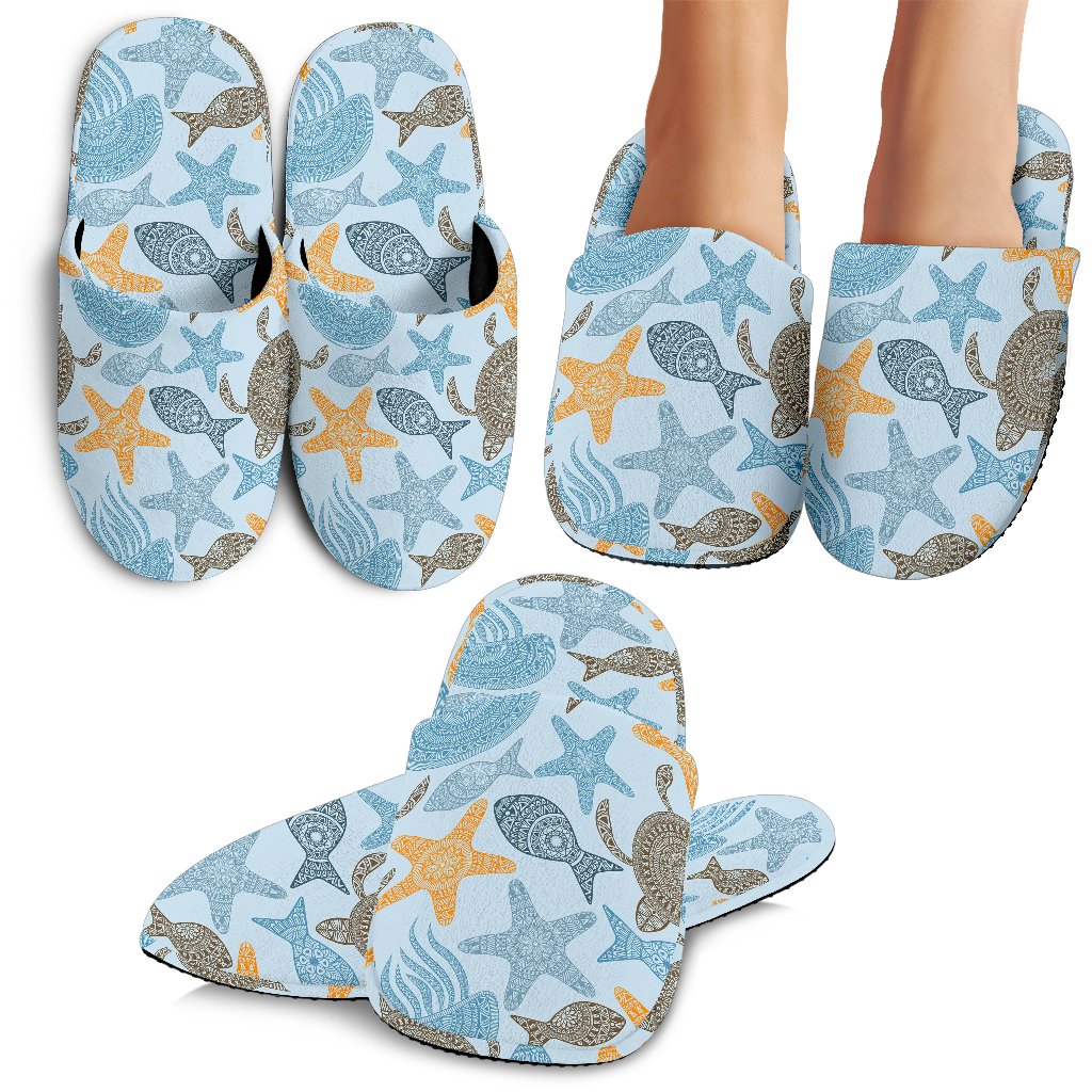 Polynesian Jellyfish Turtle Print House Slippers