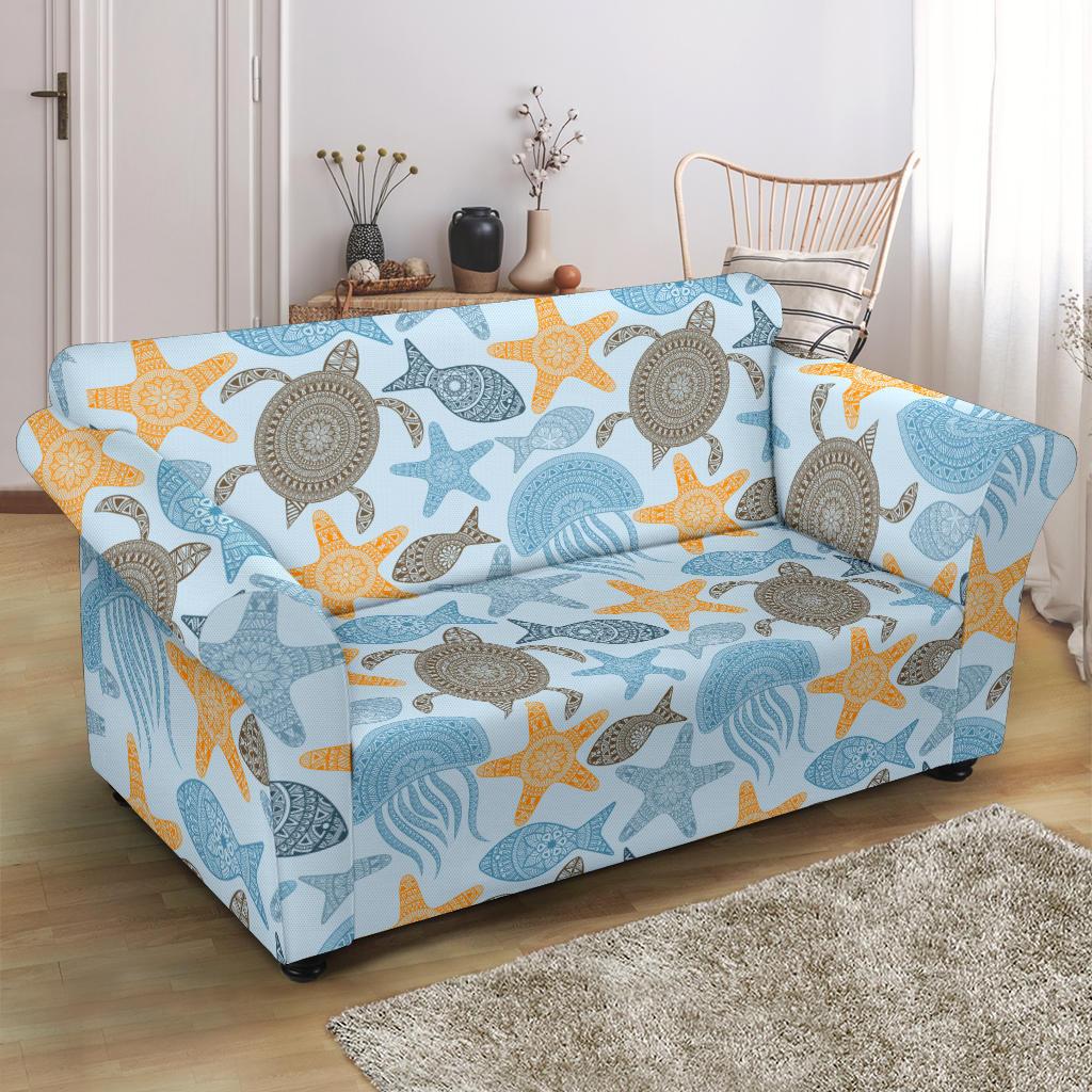 Polynesian Jellyfish Turtle Print Loveseat Slipcover-JTAMIGO.COM