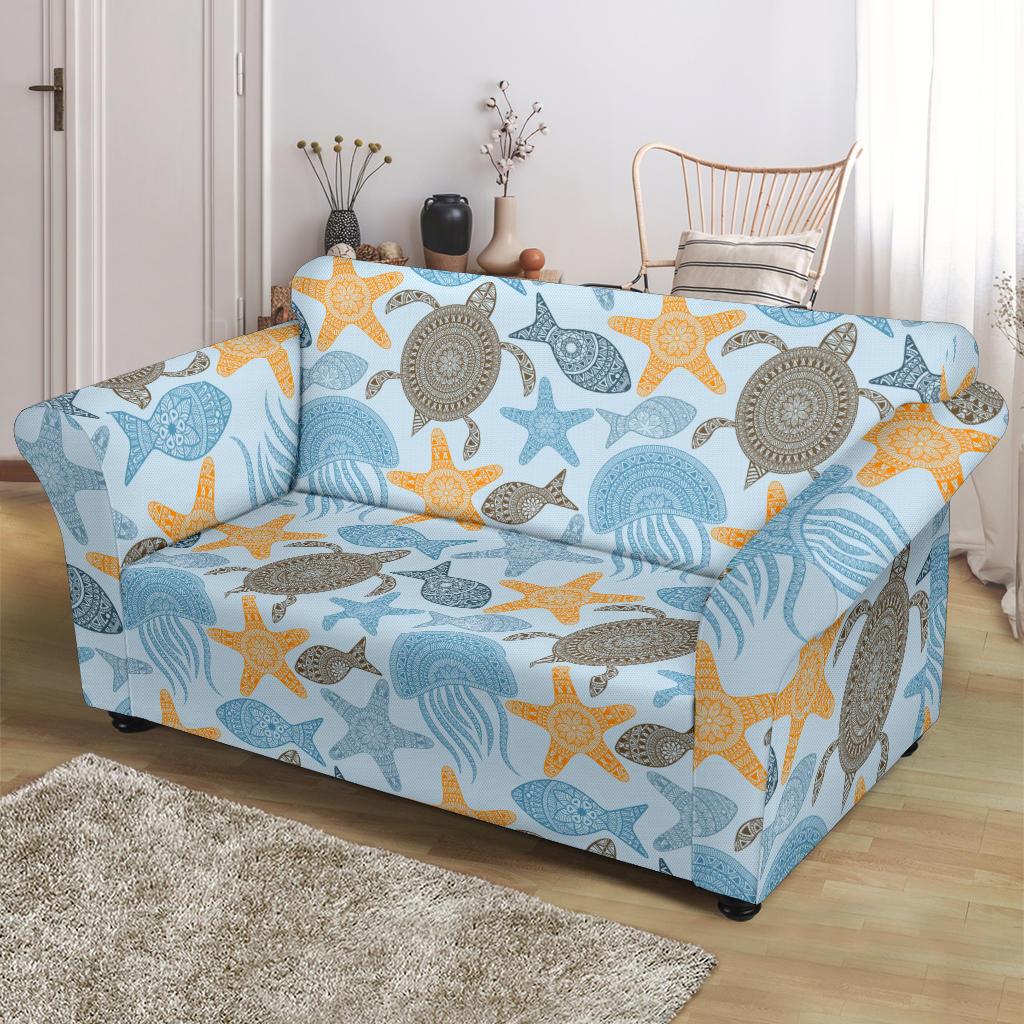 Polynesian Jellyfish Turtle Print Loveseat Slipcover-JTAMIGO.COM