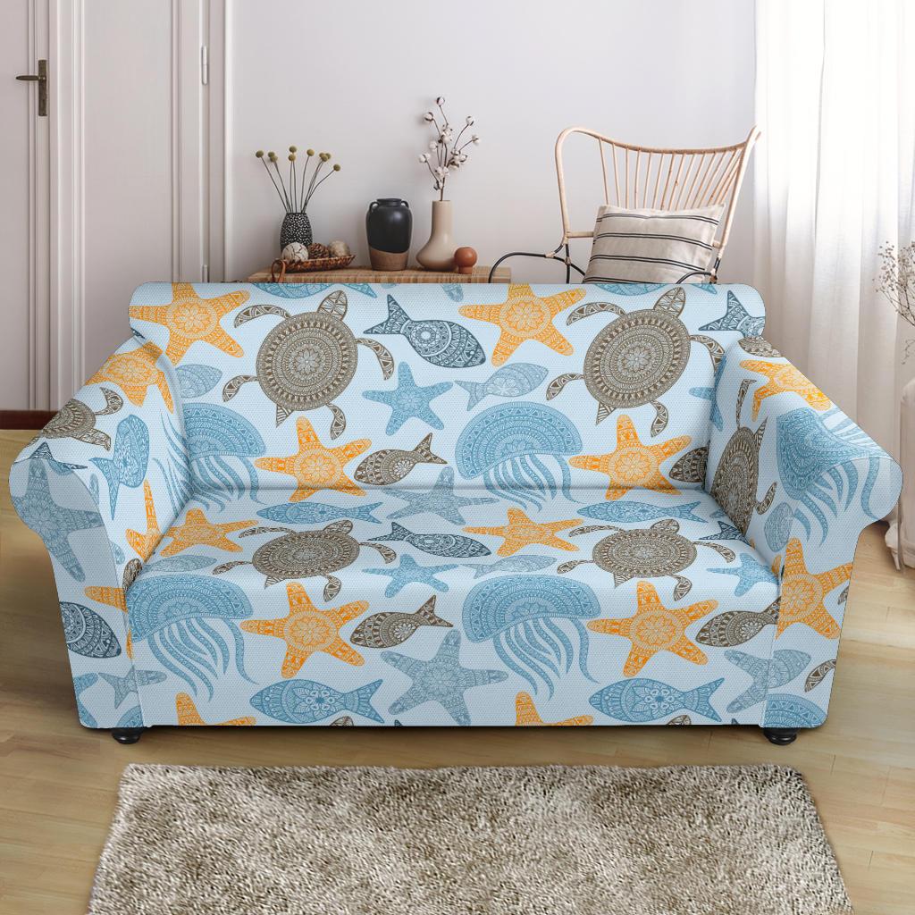 Polynesian Jellyfish Turtle Print Loveseat Slipcover-JTAMIGO.COM