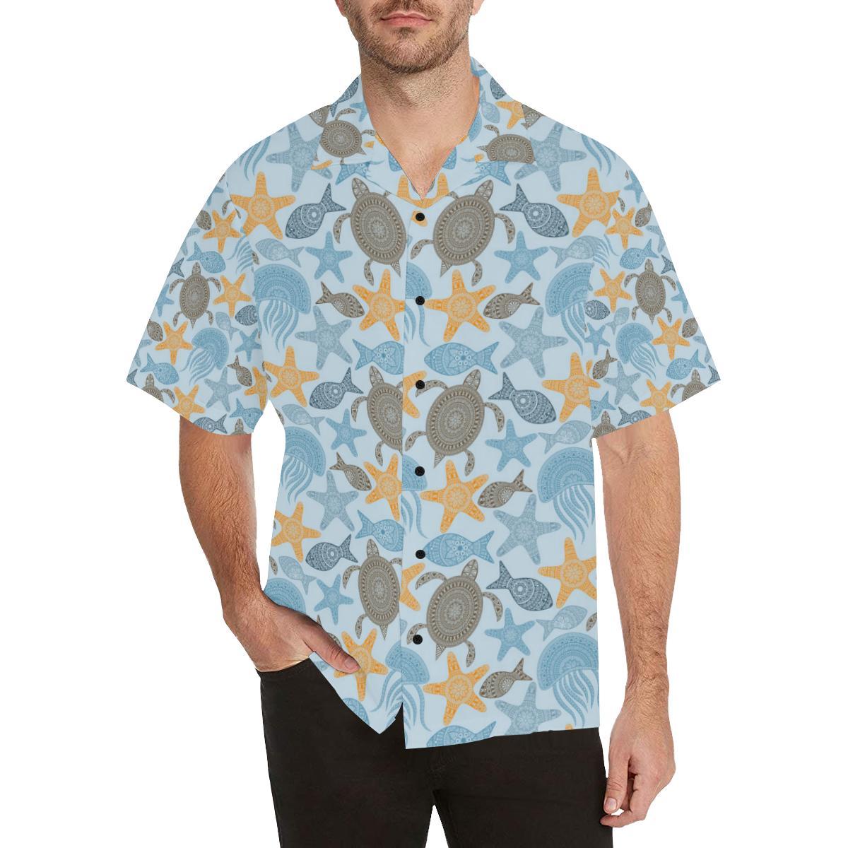 Polynesian Jellyfish Turtle Print Men Aloha Hawaiian Shirt