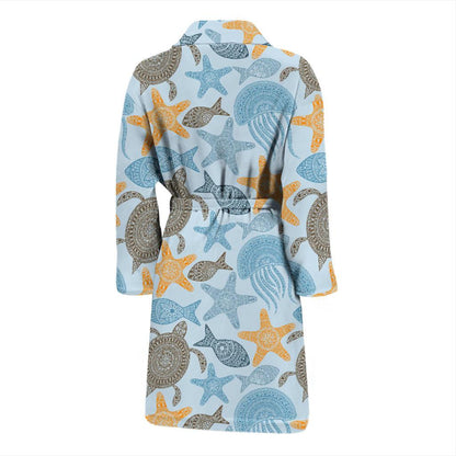 Polynesian Jellyfish Turtle Print Men Bath Robe-JTAMIGO.COM