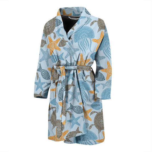 Polynesian Jellyfish Turtle Print Men Bath Robe-JTAMIGO.COM