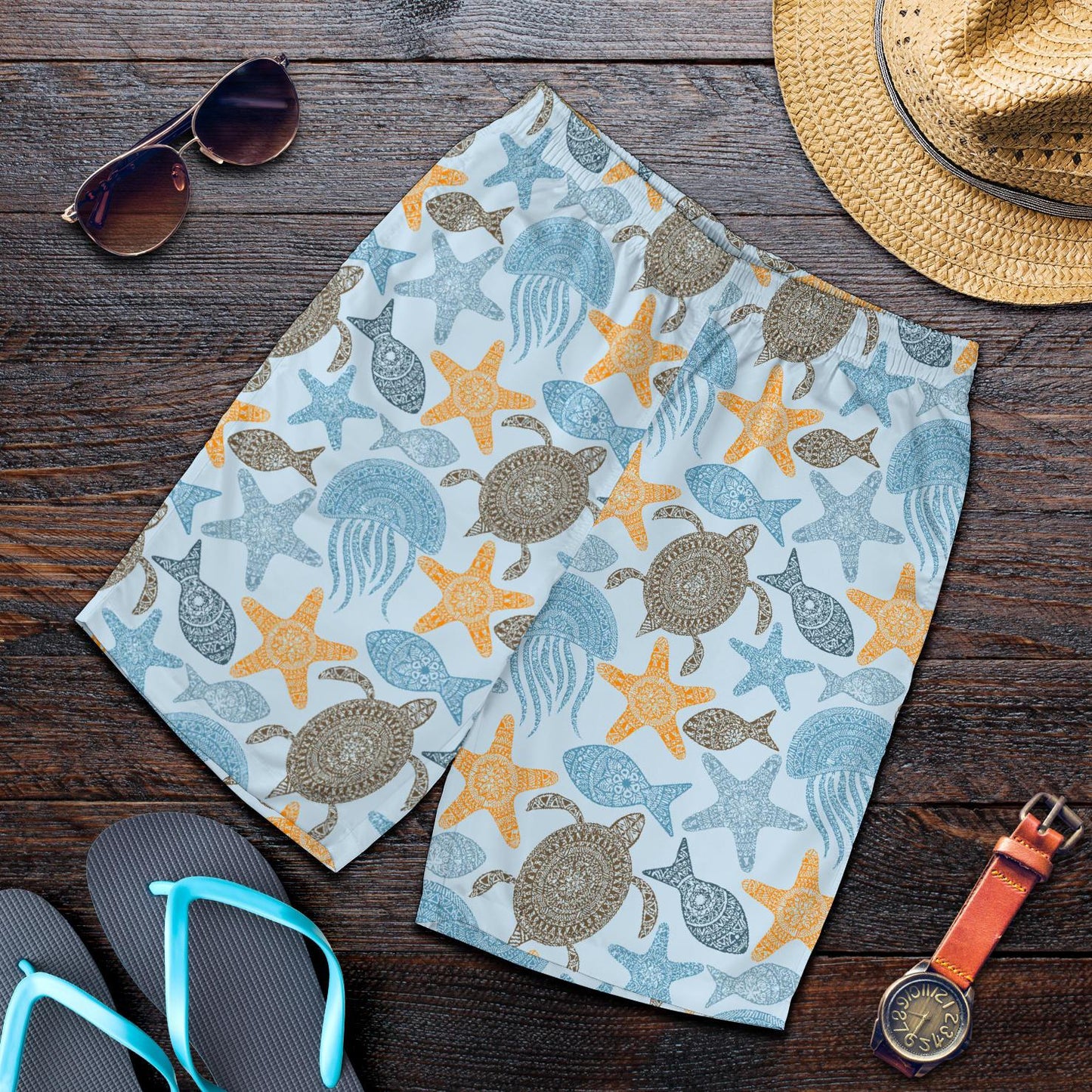 Polynesian Jellyfish Turtle Print Mens Shorts-JTAMIGO.COM