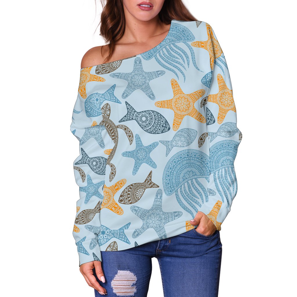 Polynesian Jellyfish Turtle Print Off Shoulder Sweatshirt
