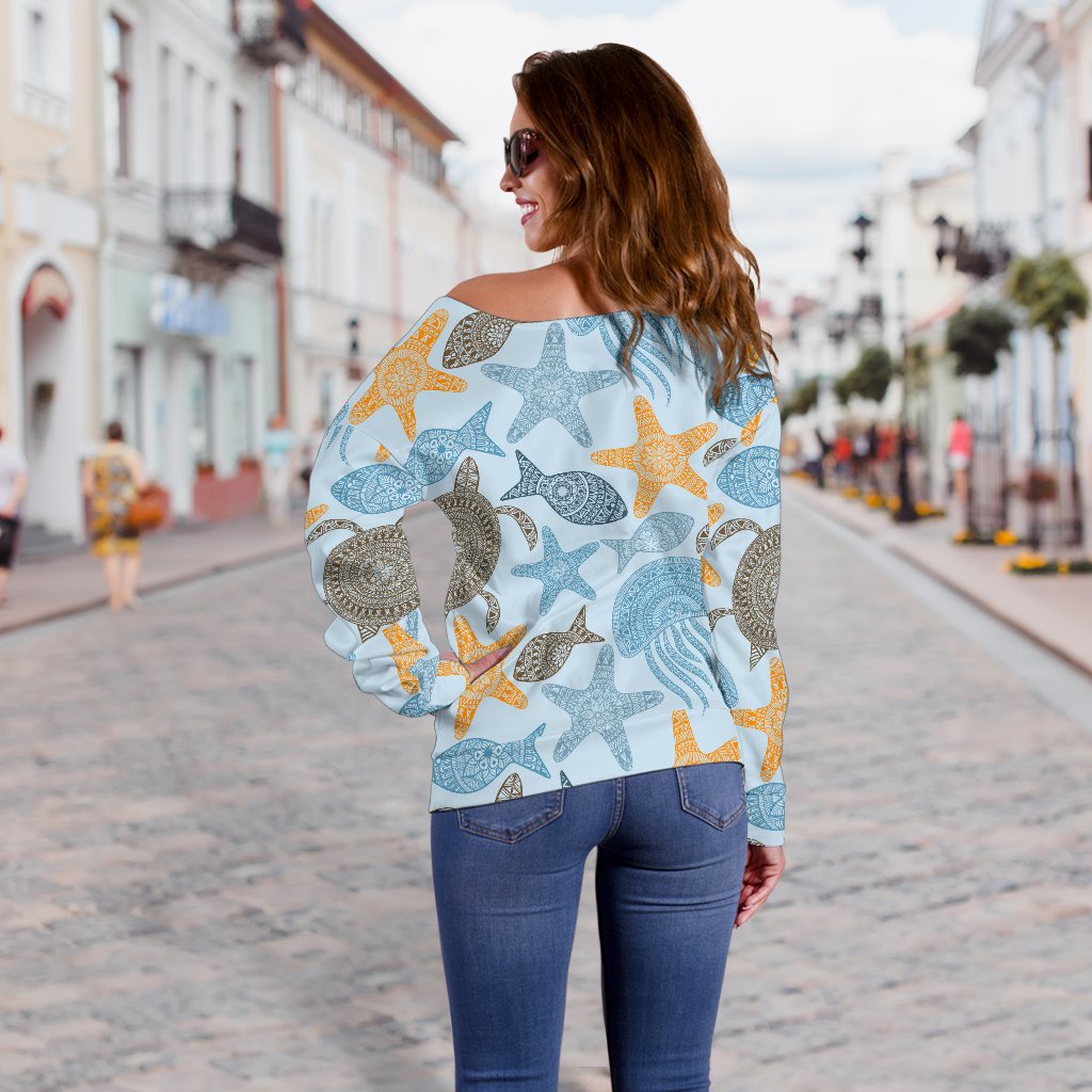 Polynesian Jellyfish Turtle Print Off Shoulder Sweatshirt