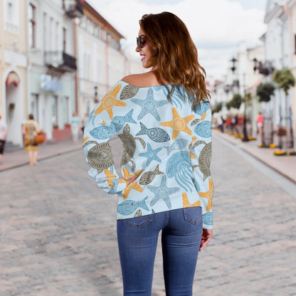 Polynesian Jellyfish Turtle Print Off Shoulder Sweatshirt