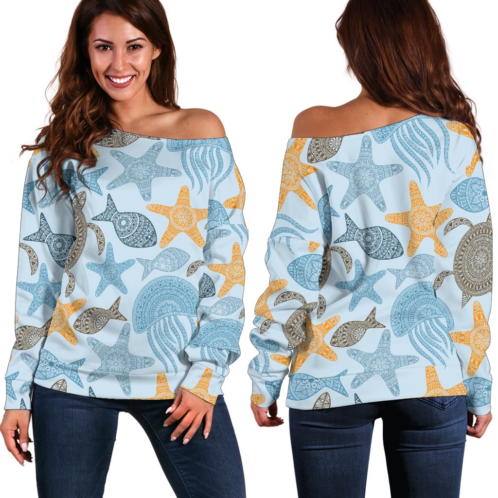 Polynesian Jellyfish Turtle Print Off Shoulder Sweatshirt