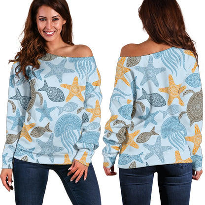 Polynesian Jellyfish Turtle Print Off Shoulder Sweatshirt