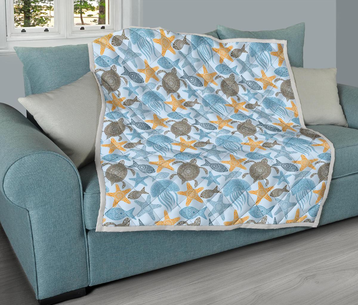 Polynesian Jellyfish Turtle Print Premium Quilt-JTAMIGO.COM